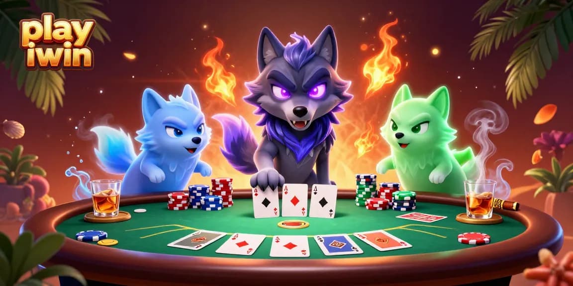 Play iwin as you join a thrilling poker scene with spectral wolves amidst vibrant casino elements
