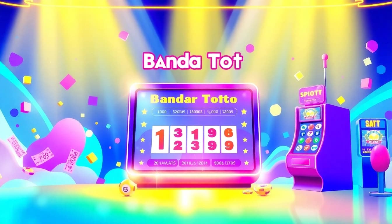 Permainan menarik bandar toto dengan tiket lotere berwarna-warni dan mesin slot yang ceria.