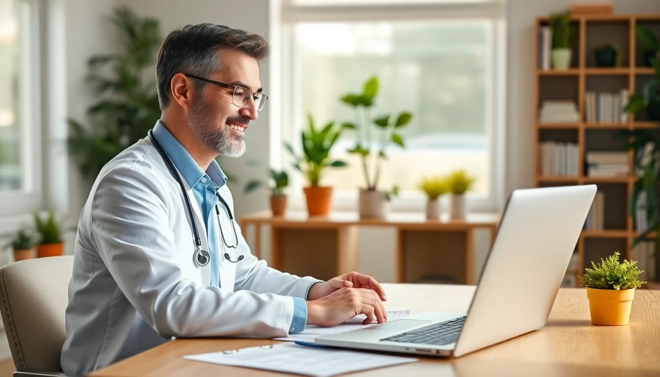 Engaging telehealth doctor for prescriptions consultation using video call technology.