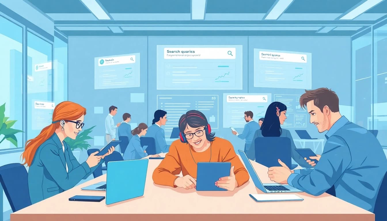 Illustration of a modern workspace using enterprise search ai tools to enhance collaboration and productivity.
