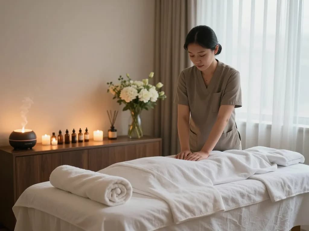 진정되는 분위기와 편안한 장식으로 관악스웨디시 마사지 준비 중인 편안한 스파 장면.