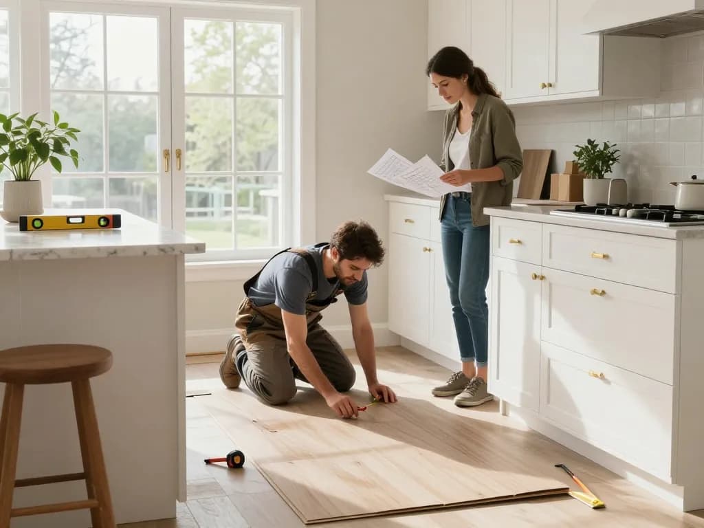 Kitchen renovation in progress at crediblekb.com with contractor and homeowner collaborating on design.