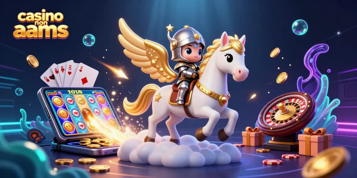 Scopri la magia dei casinò non AAMS con un cavallo celestiale e un cavaliere tra dinamici elementi di gioco.