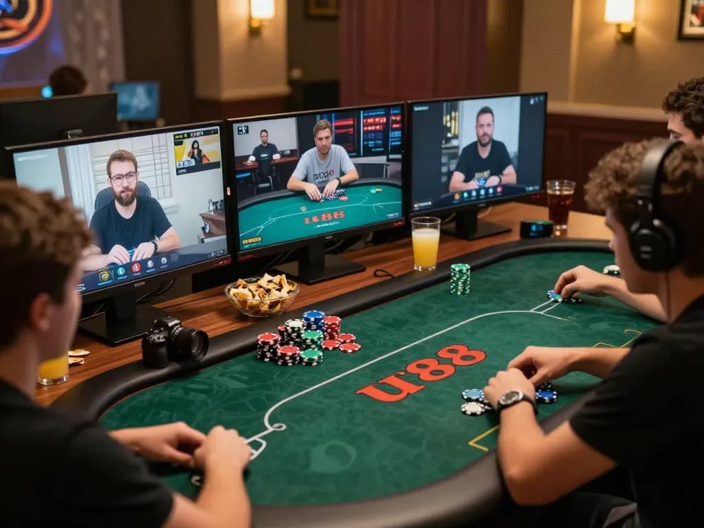 Engaging online poker gameplay at a modern setup featuring u888poker with vibrant screens and dynamic atmosphere.