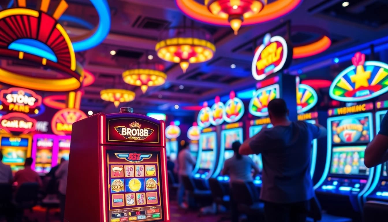 Mainkan bro138 slot di mesin slot kasino yang ramai dan penuh warna.