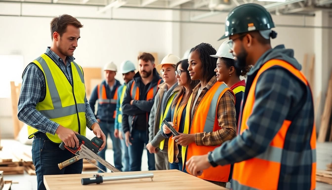 Engaged participants in Construction training attentively learning safety practices under expert guidance.
