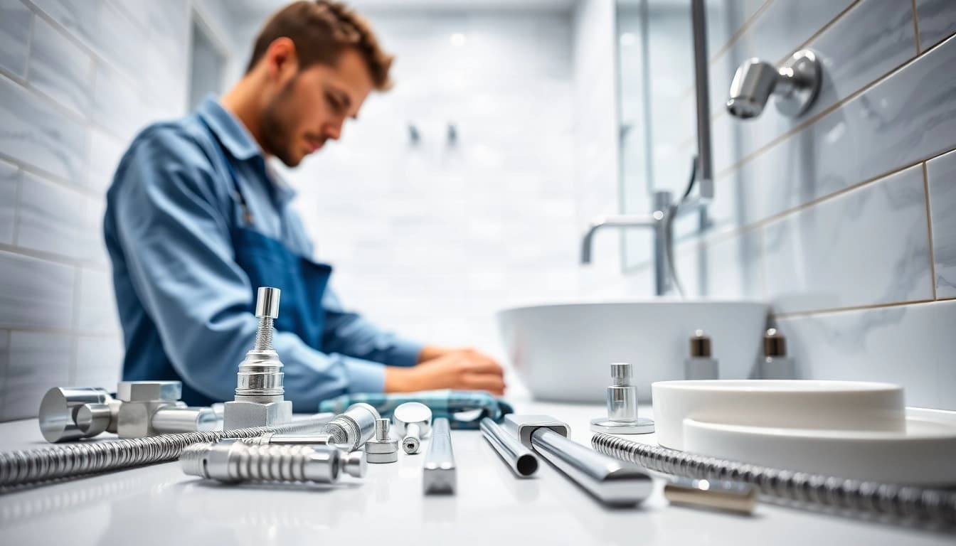 Technician installing bathroom fixtures, sonni sanitär GmbH showcases expert craftsmanship.