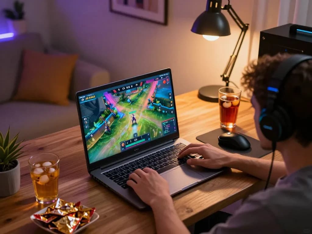 Cà khịa TV gaming setup with a person enjoying live sports streaming on a laptop in a cozy home office.