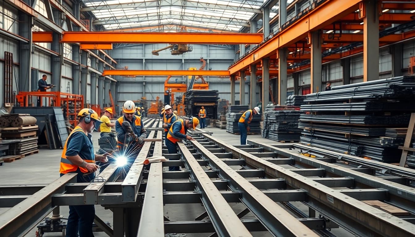 Workers engaged in a steel fabrication shop, showcasing skilled craftsmanship and industrial activity.