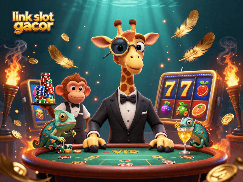 Engage with link slot gacor at a vibrant casino scene featuring a giraffe in a suit, monkey valet, and chameleon bartender.