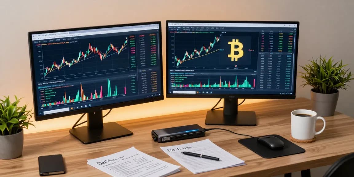 Secure cloud mining platform setup with cryptocurrency trading charts, hardware wallet, and DeFi analytics in a modern workspace.