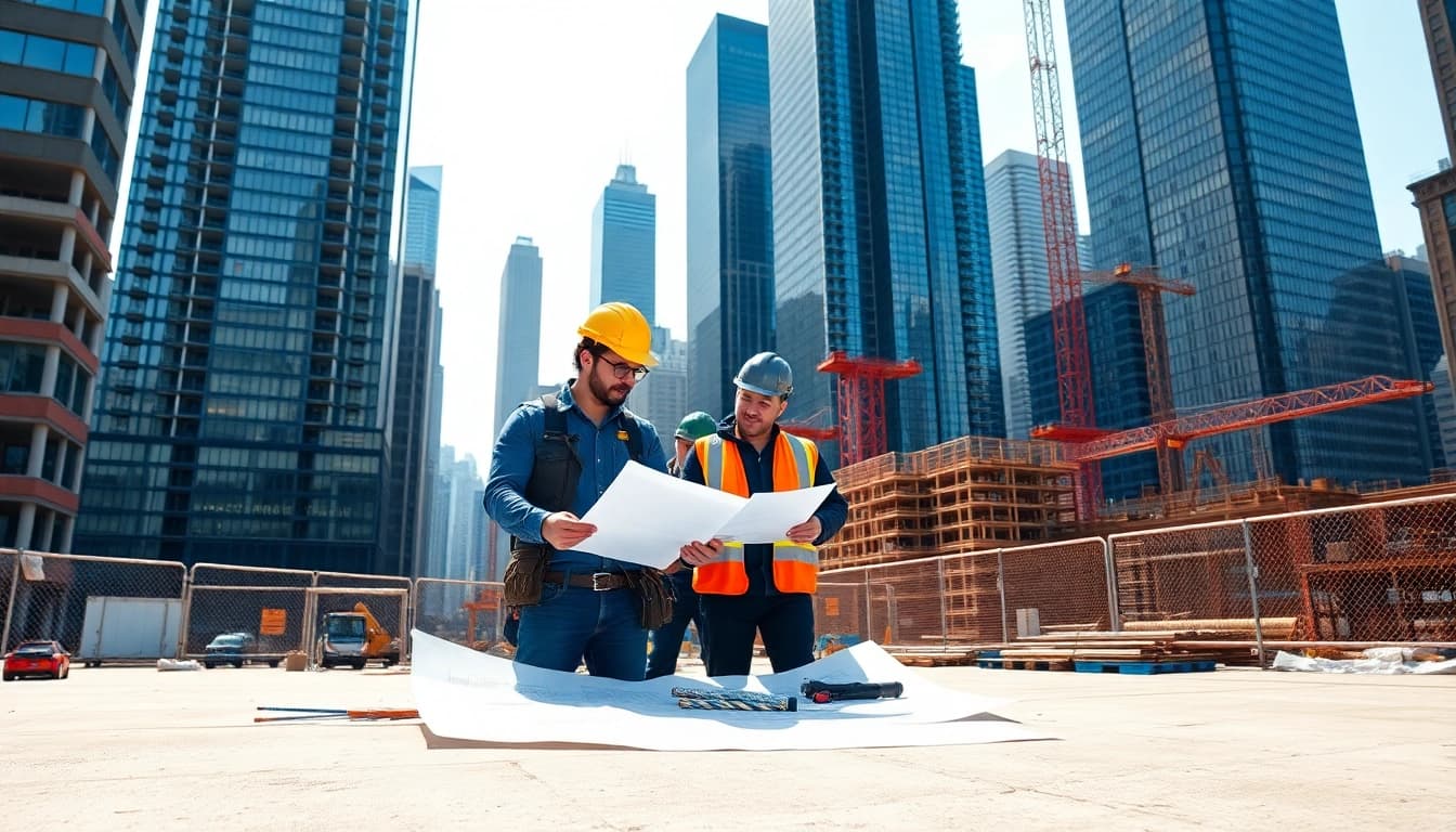 Manhattan General Contractor managing a lively construction site with teamwork and urban skyline.