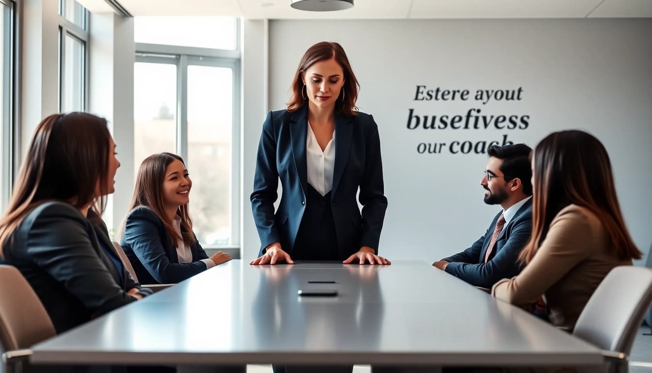 A business coach Los Angeles engaging with clients in a modern office, inspiring collaboration and growth.