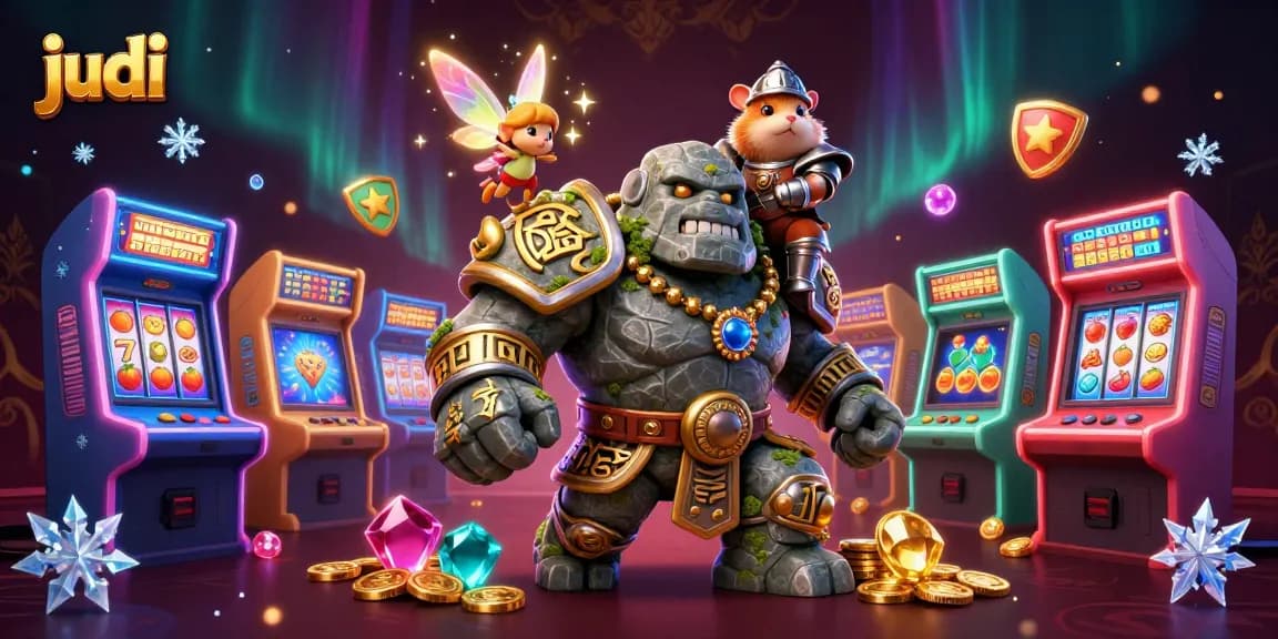 Engage in judi with the magical scene of a golem, fairy, and knight amidst vibrant casino elements.
