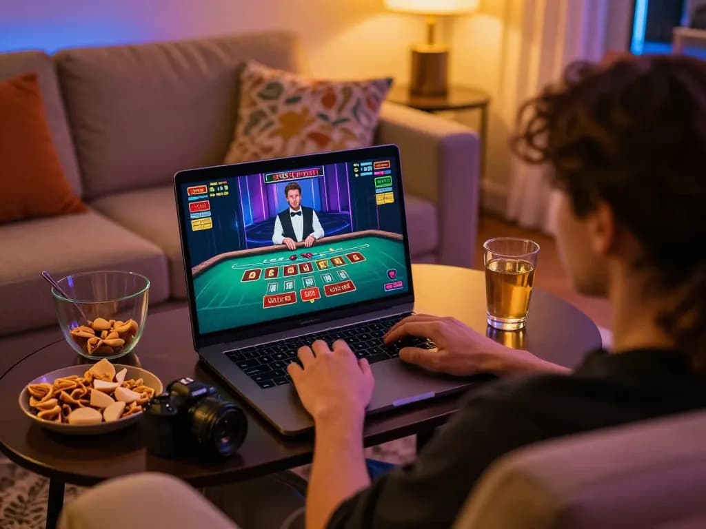 TG88 user enjoying an online casino game on laptop in cozy living room while maintaining responsible gaming habits.