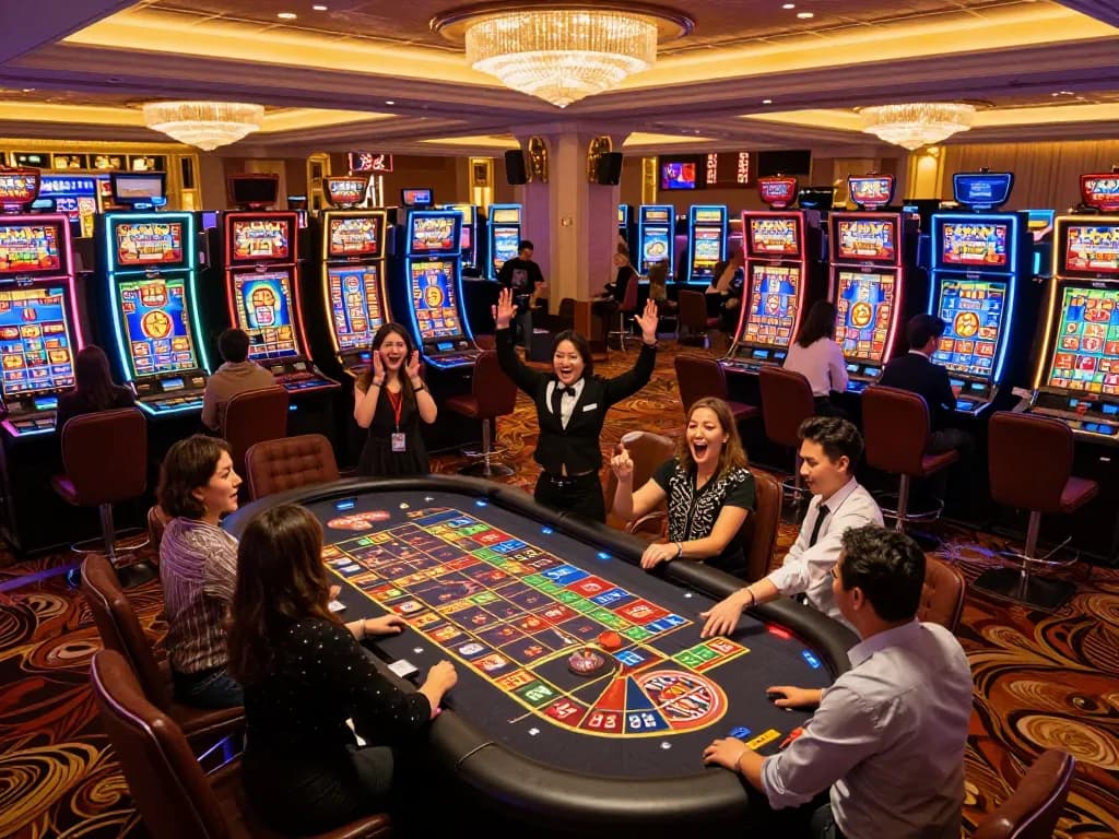 Players celebrating a jackpot win at amigo grill and co-themed casino, colorful slot machines illuminating the scene