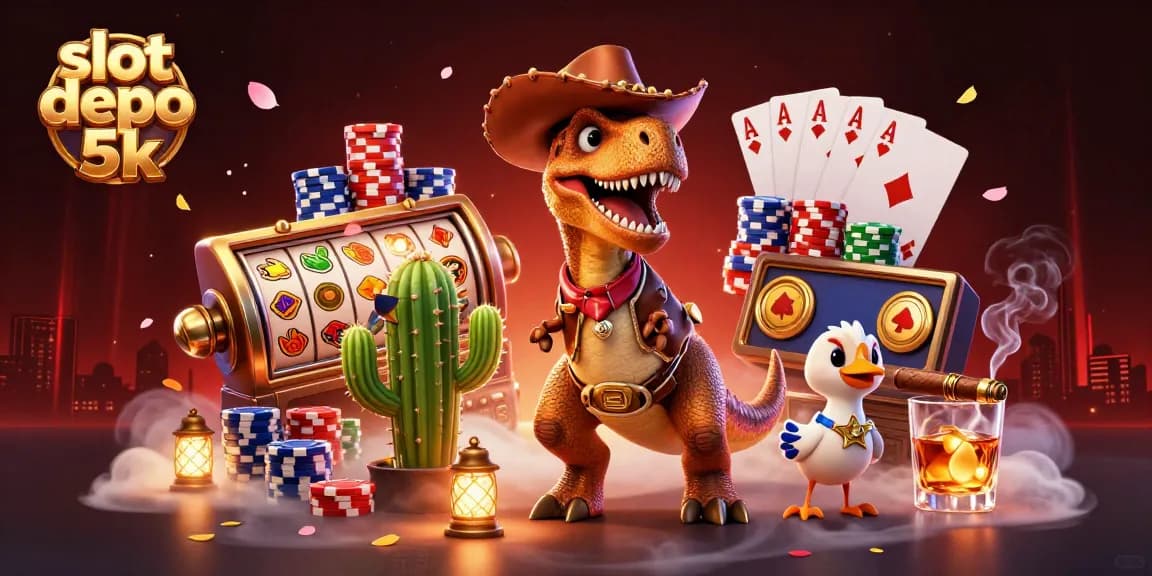 Playing exciting slot depo 5k with cartoon characters celebrating winnings among vibrant casino elements.