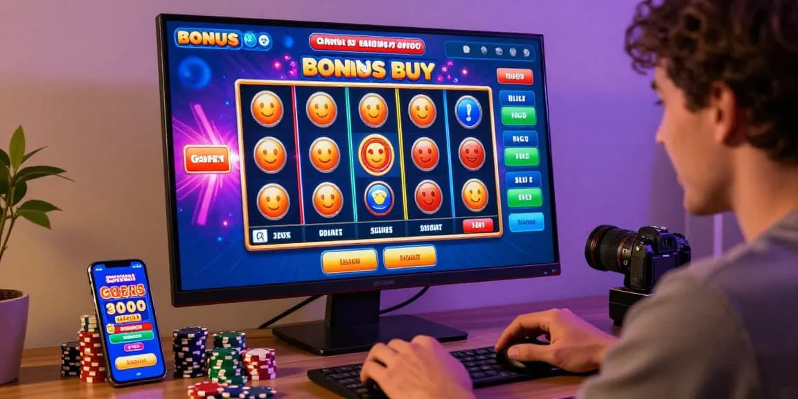 Engaged player experiencing bonus buy slots excitement on a vibrant online casino interface with stacks of chips and promotional smartphone.