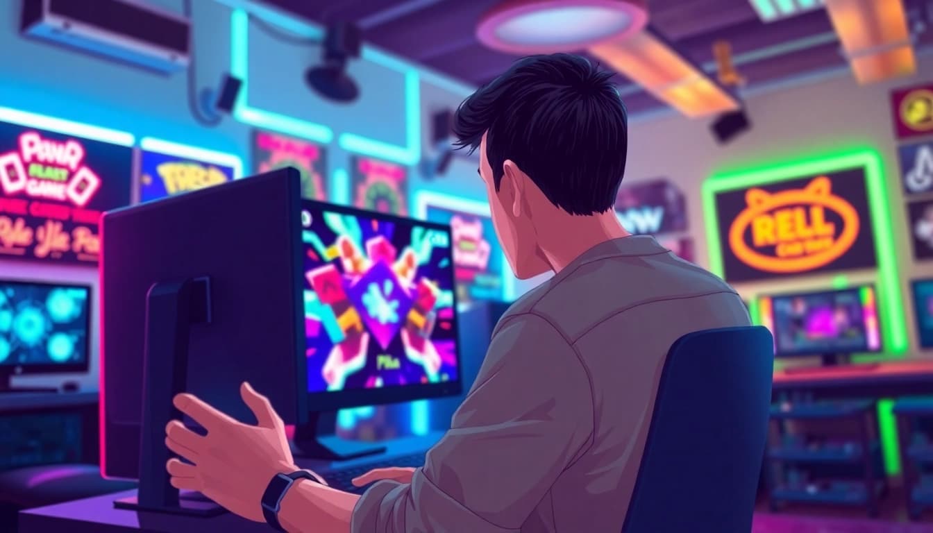 Bermain domino88 link alternatif game dengan penuh semangat di ruang gaming yang modern dan penuh warna.