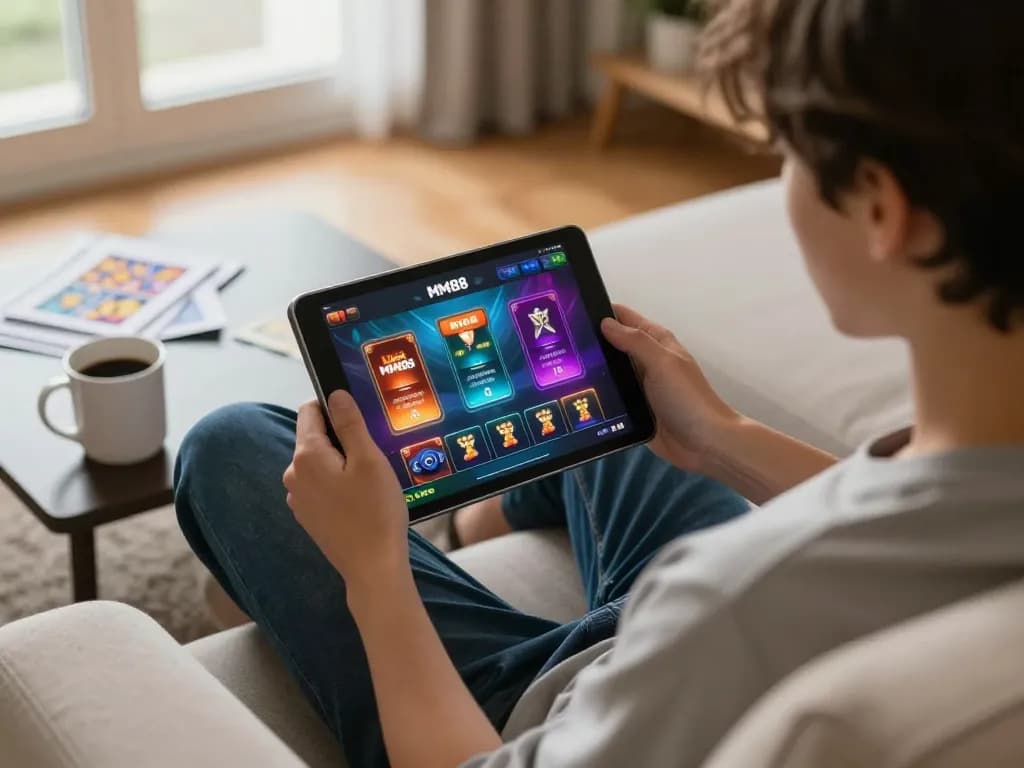 Engaging scene showing user active on Link MM88 mobile app for online casino gaming at home