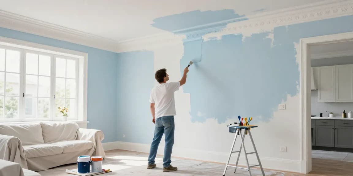 Interior painters Sarasota County FL refreshing a bright living room with high ceilings and detailed woodwork.