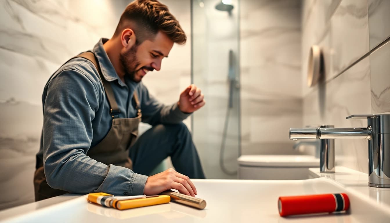Erfahrene Handwerker von sonni sanitär GmbH renovieren ein modernes Badezimmer mit eleganten Sanitäreinrichtungen.