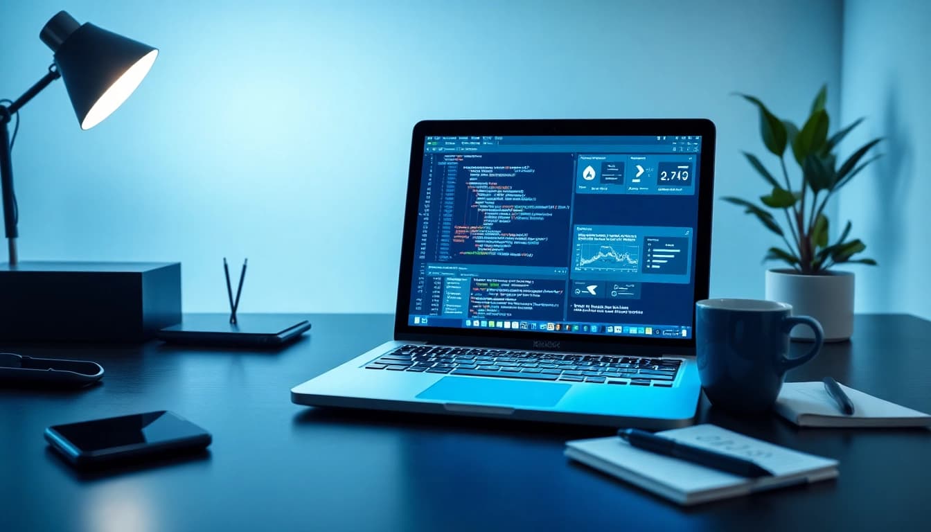 Web scrapping workspace with a laptop showing data visualizations, creating a tech-savvy atmosphere.