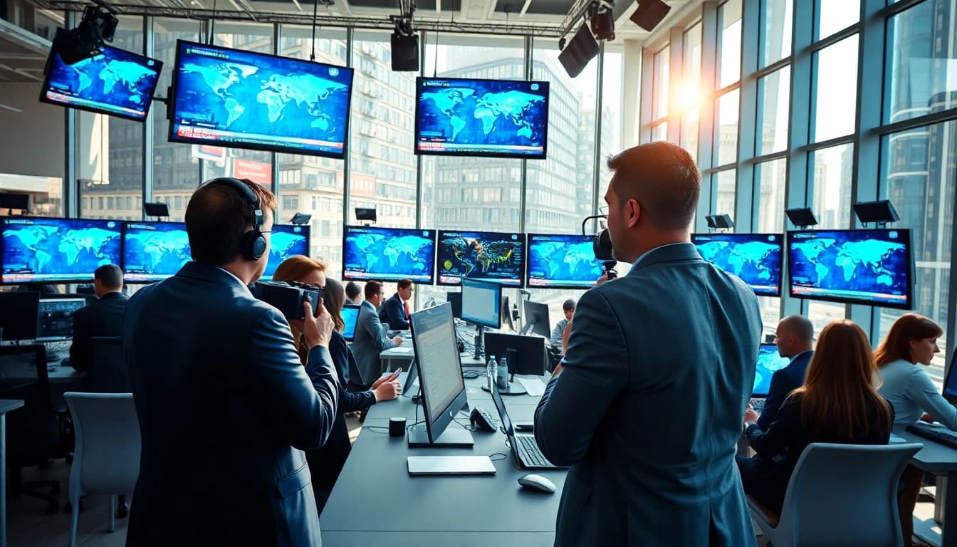 Captivating scene of news reporting showcasing a collaborative newsroom environment.