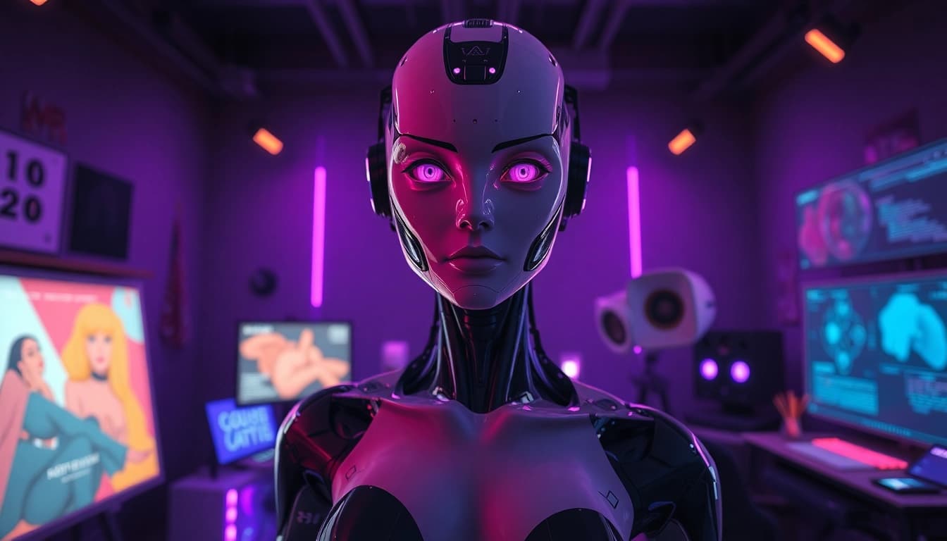 AI NSFW character in a stylish digital art studio blending technology and creativity.