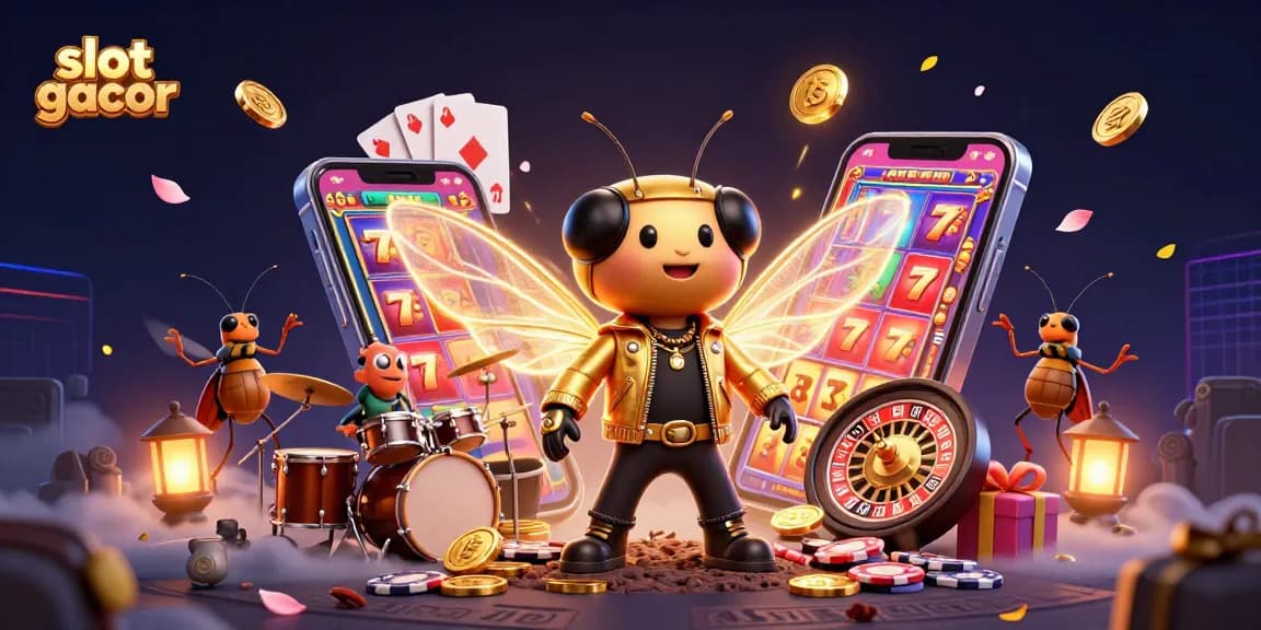 Engage with slot gacor excitement through vibrant 3D visuals of a casino scene featuring dynamic characters.