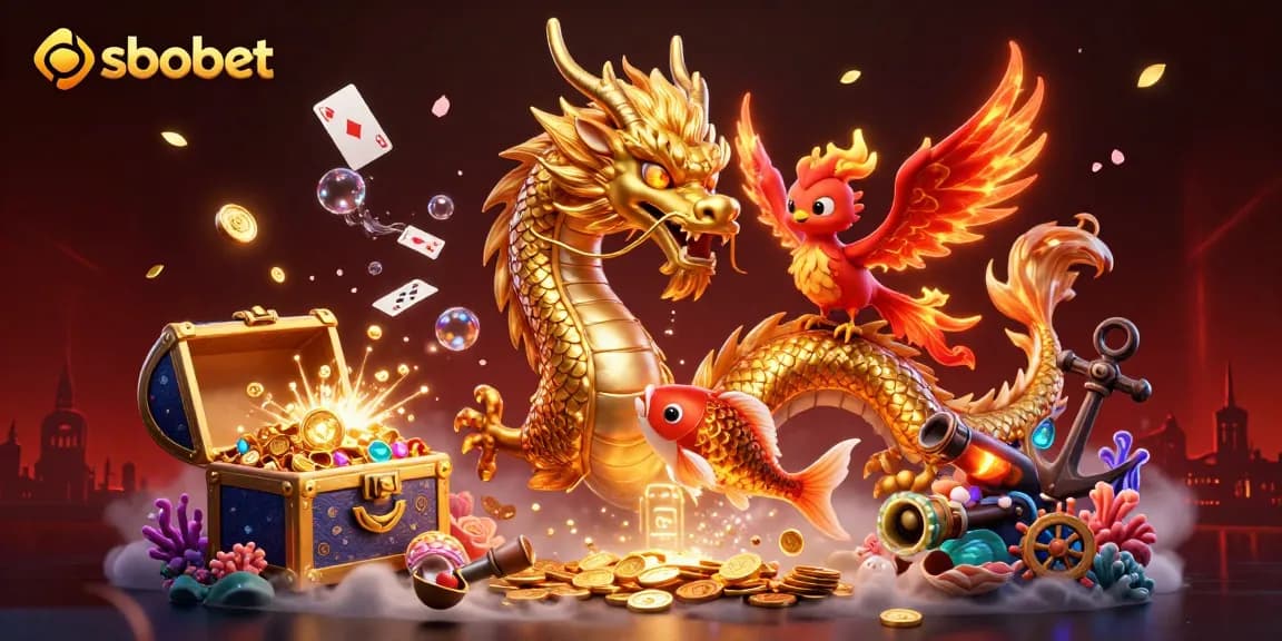 Experience sbobet's vibrant gaming world with a dragon, phoenix, and koi amidst rich treasures.