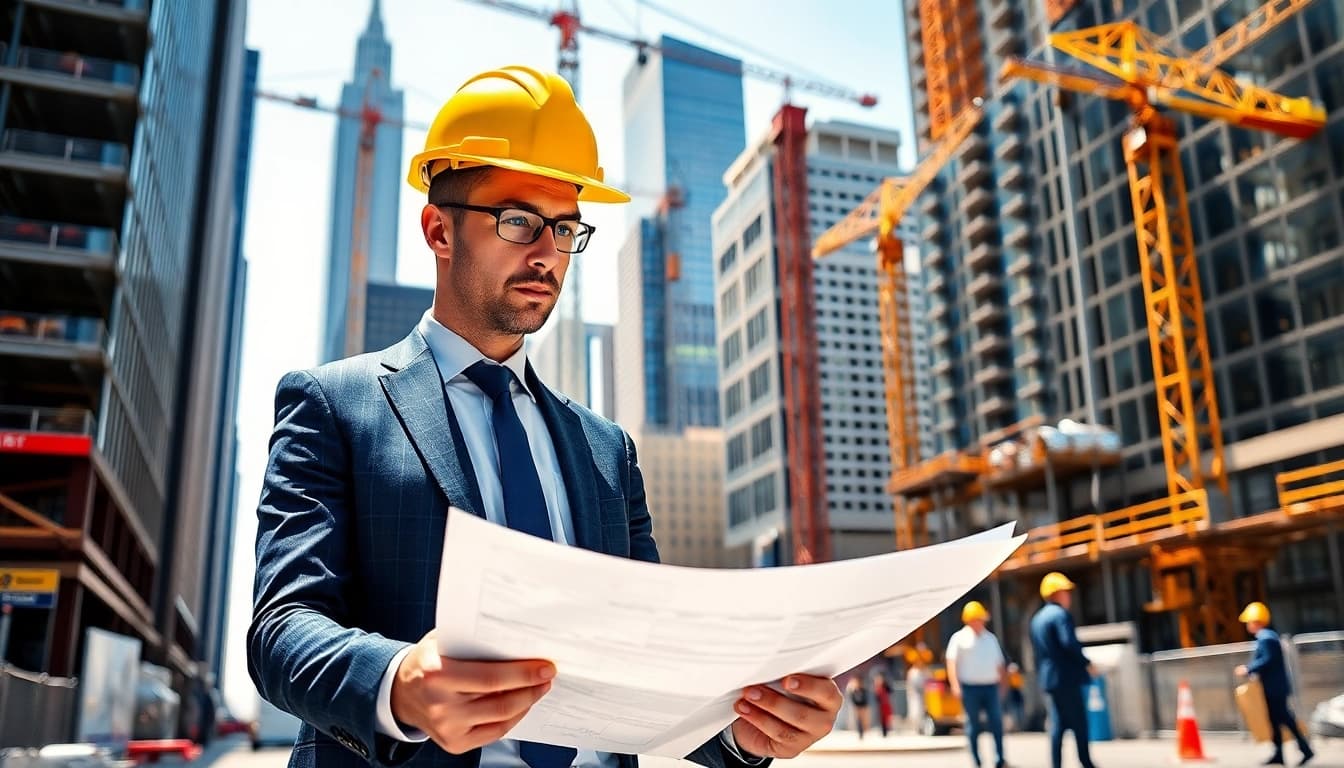 A skilled New York City Construction Manager overseeing a developing urban construction site.