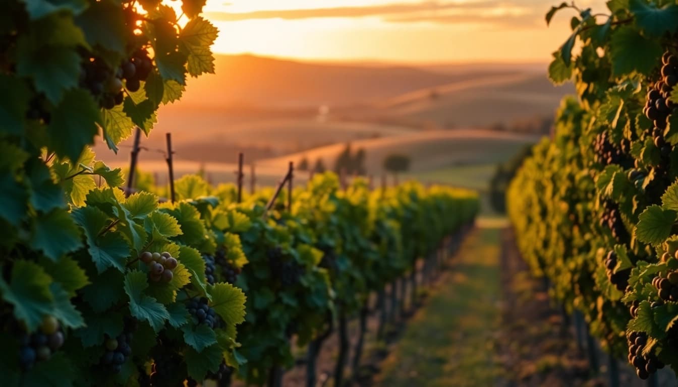 Breathtaking view of clarksburg wineries with lush vineyards and golden sunset.