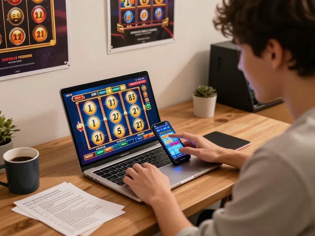Engaging online gaming session showcasing slot bonus new member activation on a laptop with focused player.