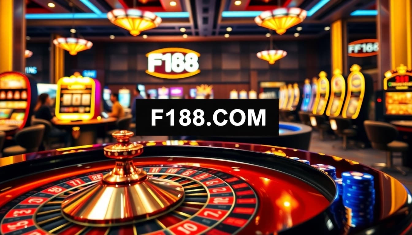 Experience thrilling gaming at F168.COM with vibrant slot machines and an elegant roulette table.