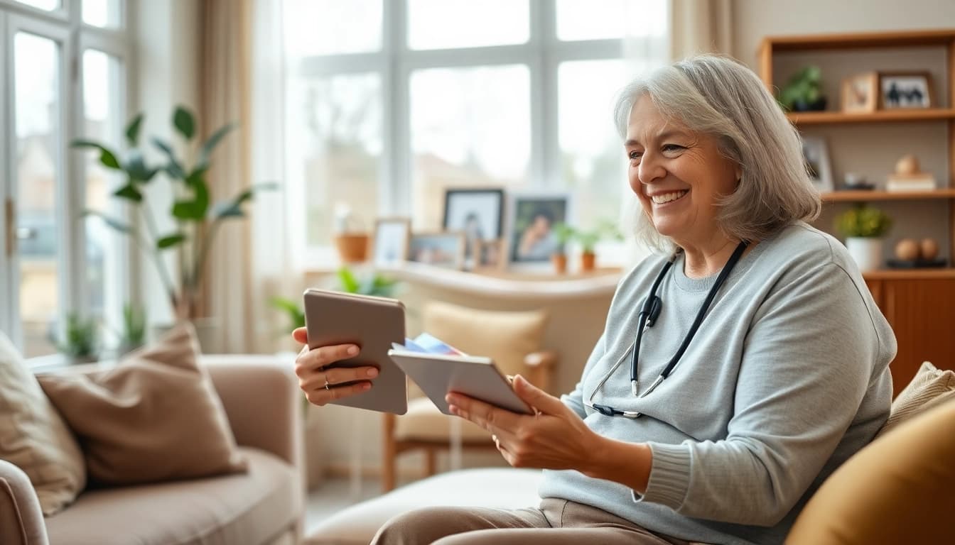 Engaging senior care austin tx services with a caregiver assisting an elderly client in a warm living room.
