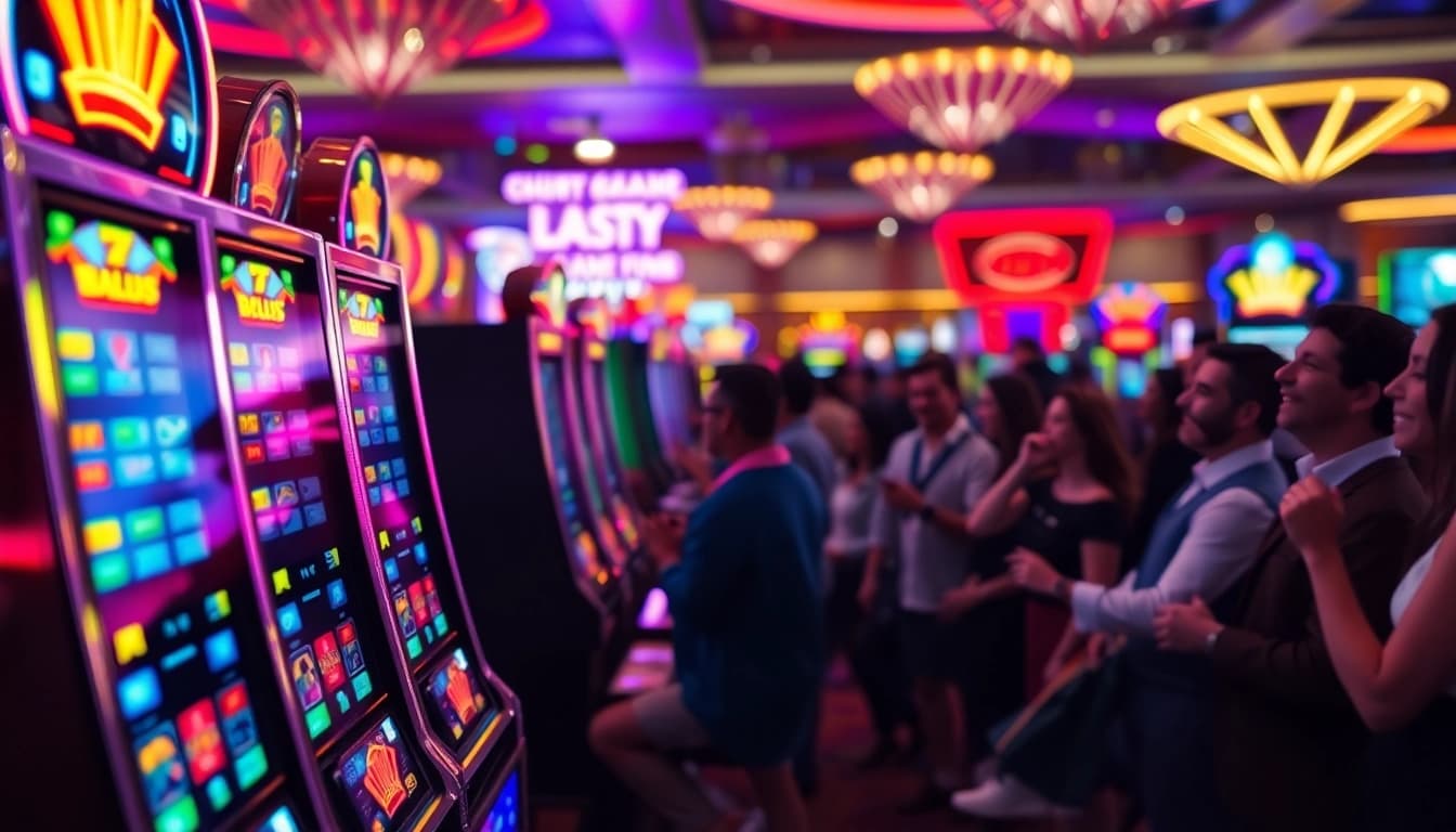 Menang dengan apk slot di mesin permainan kasino yang mewah dan cerah.