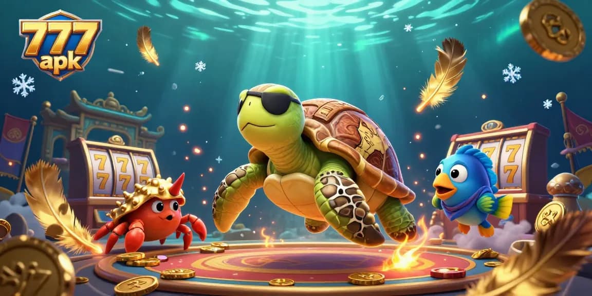 Spin for treasure with a vibrant display showcasing 777 apk, vibrant slot reels, and cartoon characters in a casino.