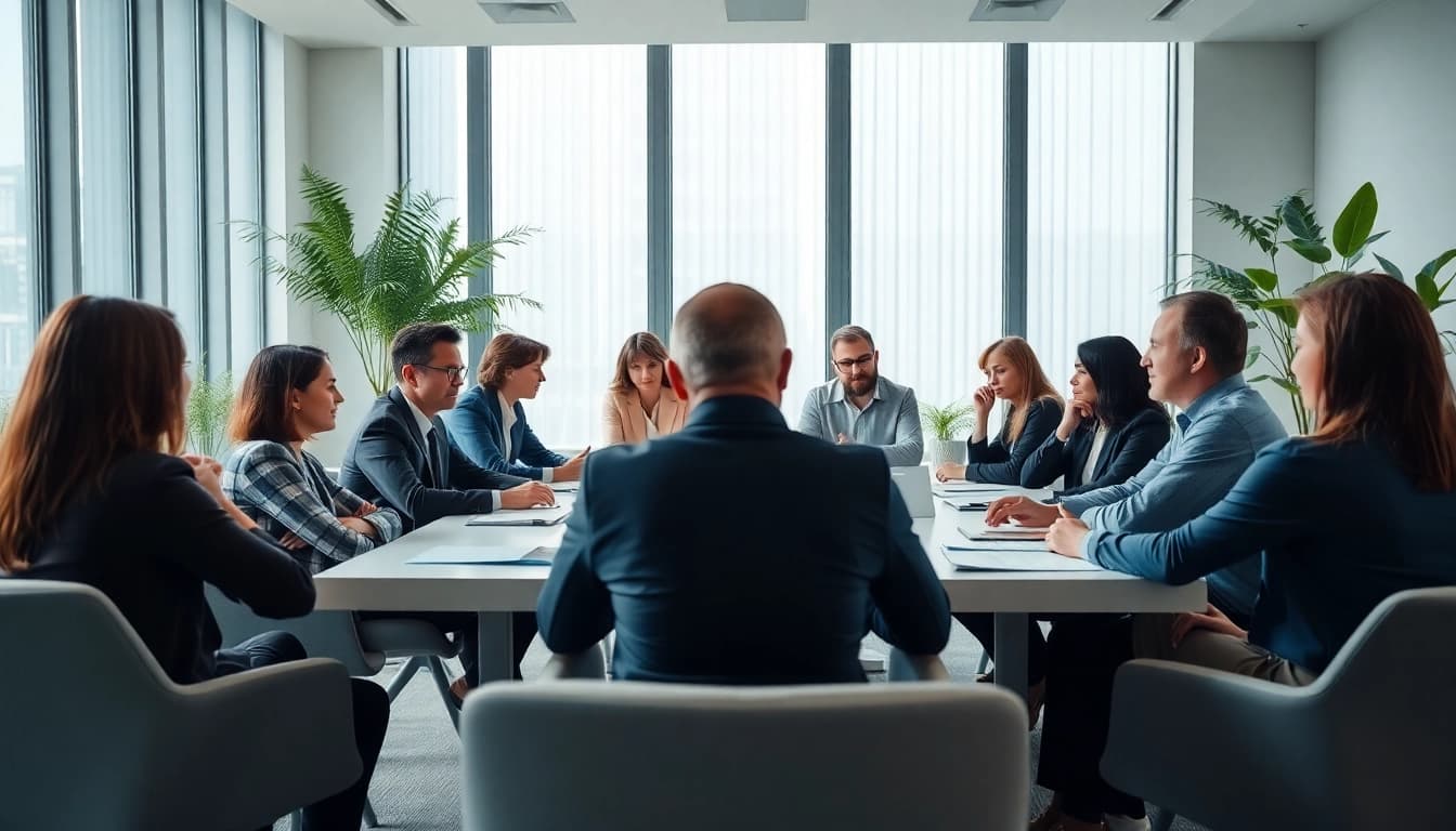 Mediation session in a modern conference room showcasing collaboration and resolution.
