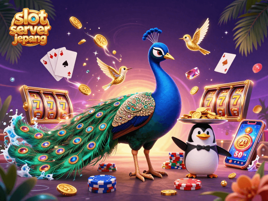 Engage with slot server jepang in a vibrant casino scene filled with slot reels and joyful characters.