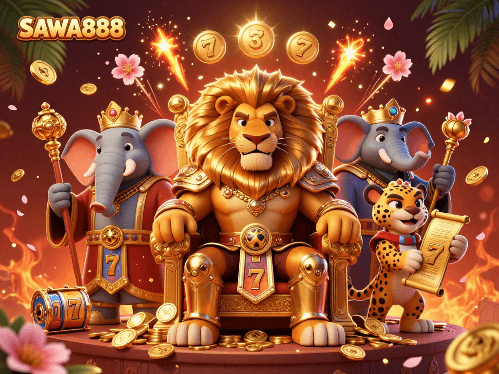Engage with SAWA888's thrilling slots in an ultra-detailed 3D casino scene, featuring vibrant gameplay elements.