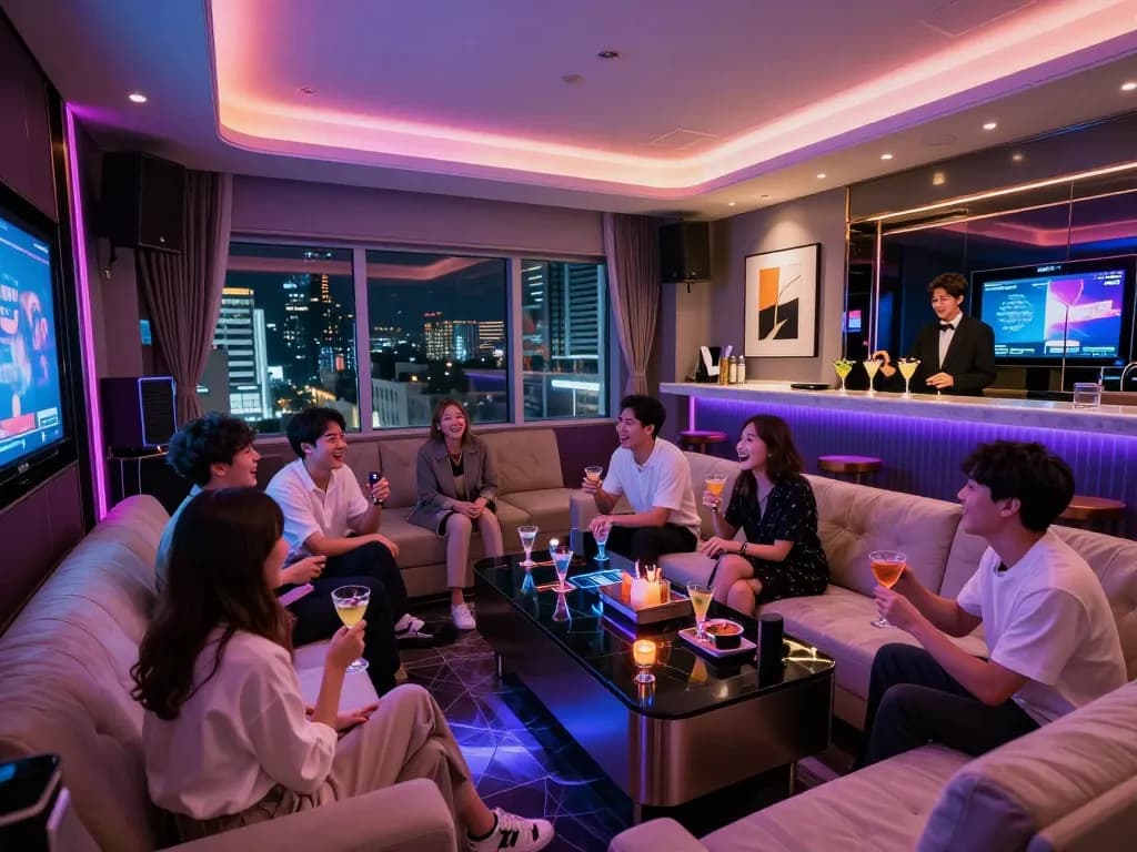 럭셔리와 오락을 즐기는 스타일리시한 손님들과 함께하는 강남퍼펙트 노래방의 생동감 넘치는 밤.