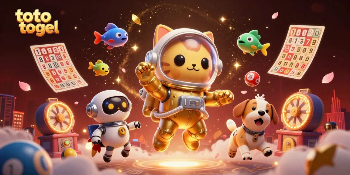 Engage in toto togel excitement with a vibrant scene of floating bingo elements and colorful characters.