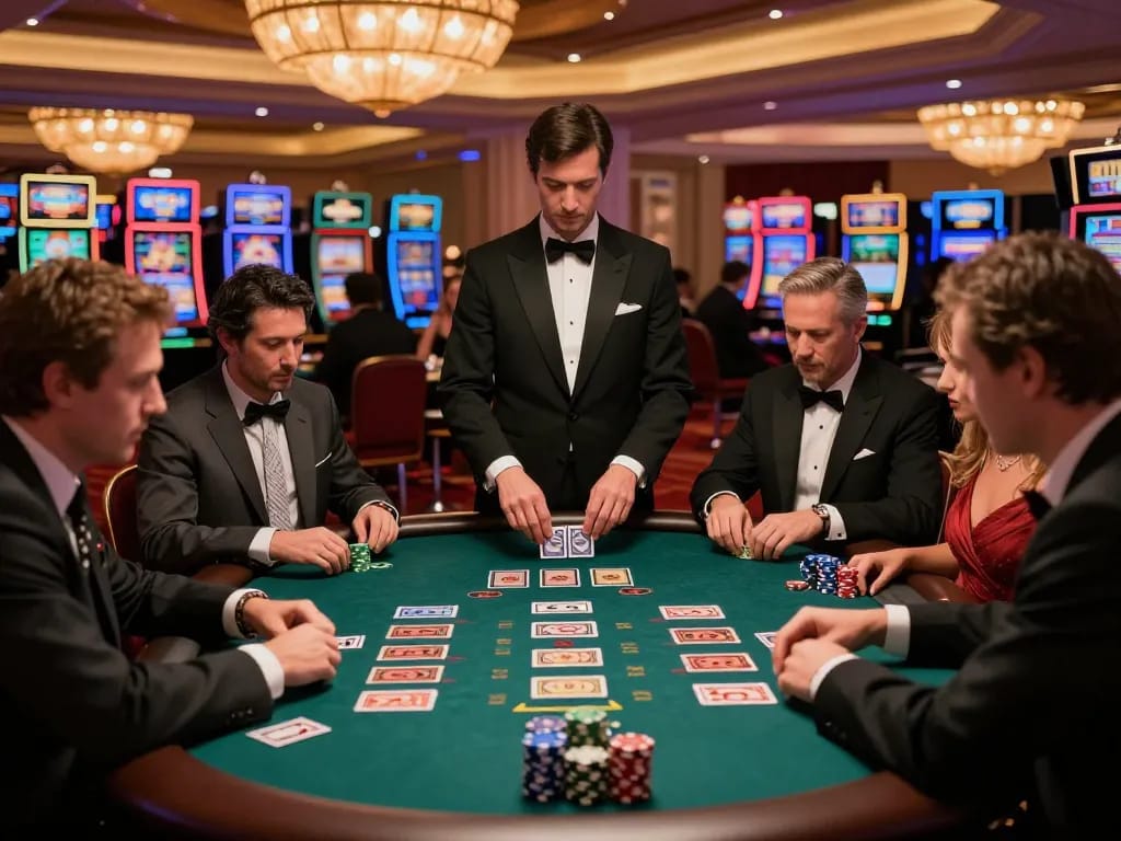 Engaged players at winstrike69 blackjack table in Vegas casino, highlighting luxury and strategy