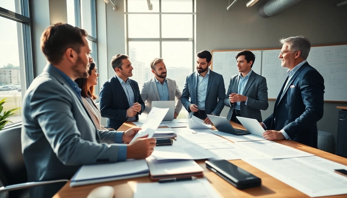 Consultants discussing strategies for federal and state contracts in a modern office setting.