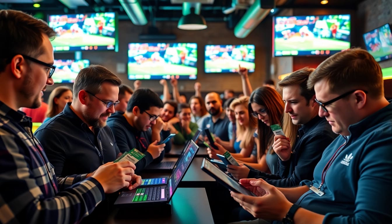 Engaging scene of sports betting New Brunswick with enthusiasts analyzing games and placing bets.