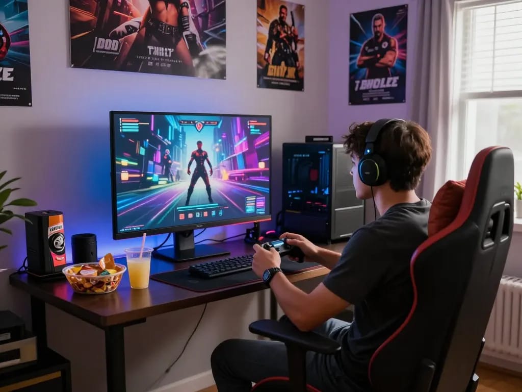 Engaging scene of a gamer immersed in AI porn games, with vivid graphics and cozy atmosphere.
