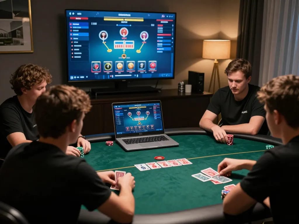 Players strategizing at an online KKWIN poker table in a modern home setting