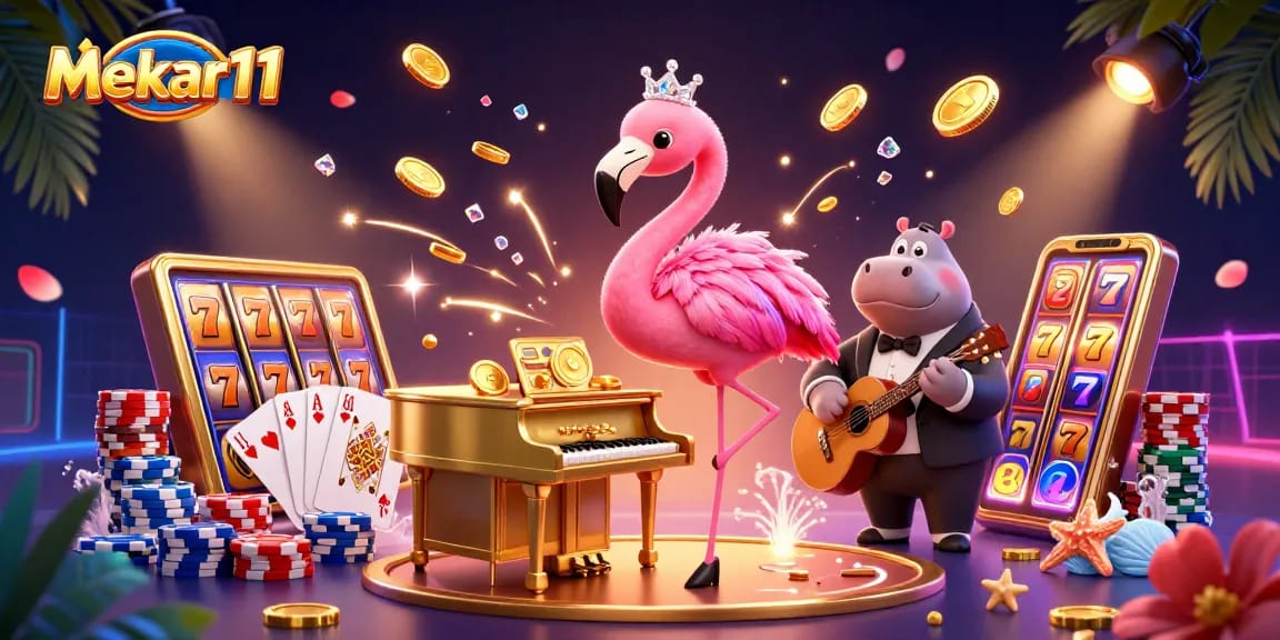 Mekar11 brings excitement as a flamingo singer and hippo bassist perform among sparkling slot elements.