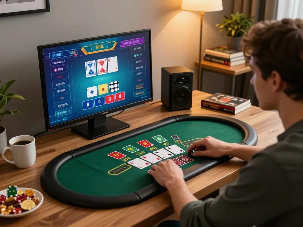 Engaged player on nhà cái 388bet live dealer blackjack game at home, showcasing betting strategy